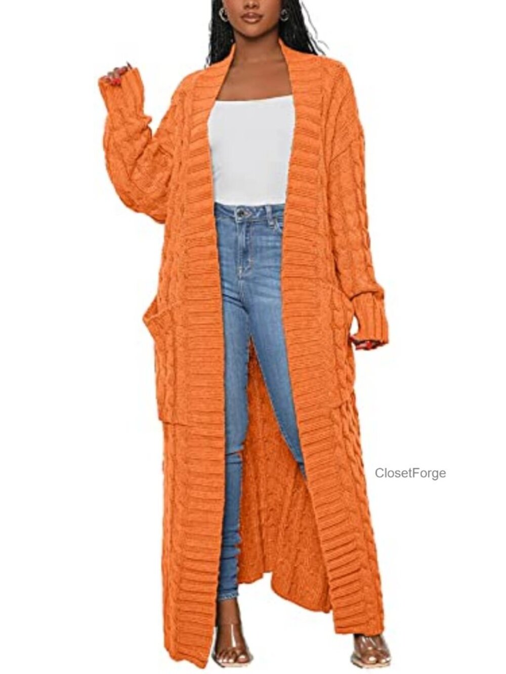 Long Sleeve Cable Knit Cardigan Sweater Duster Coat with Pockets